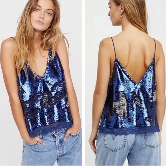 Free People Blue Sequin Tank Lace Trim Cami - Picture 1 of 5